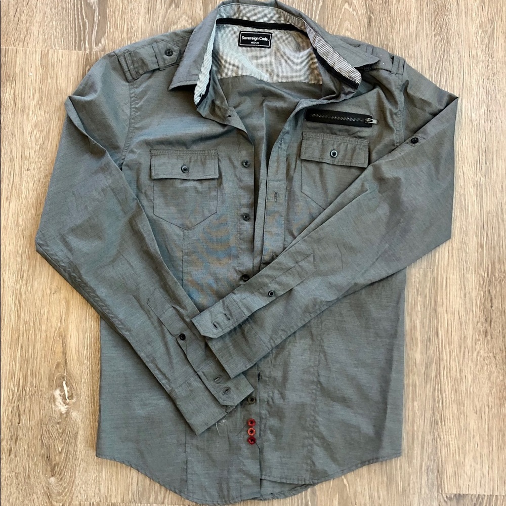 Sovereign code gray long sleeved button up shirt.